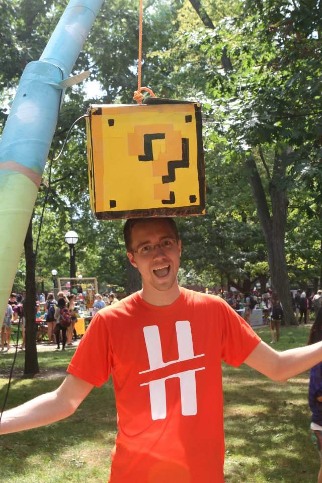 Me, with a constructed Mario block over my head on the U-M Central Campus Diag