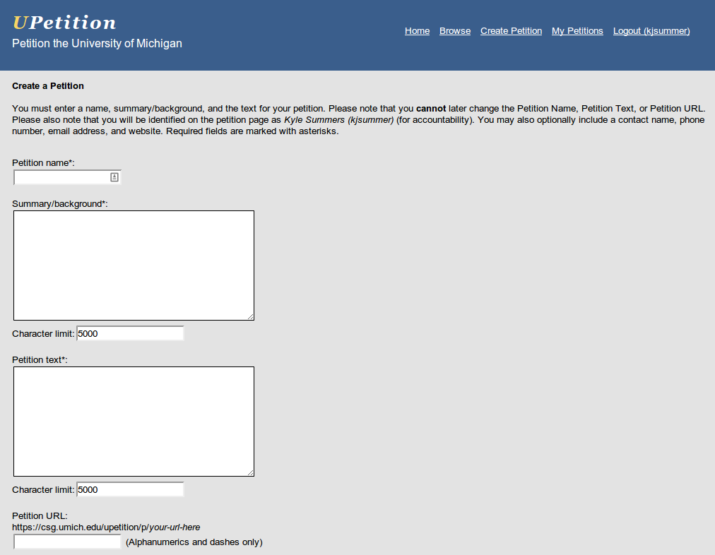 Screenshot of the Create Petition page on the UPetition website